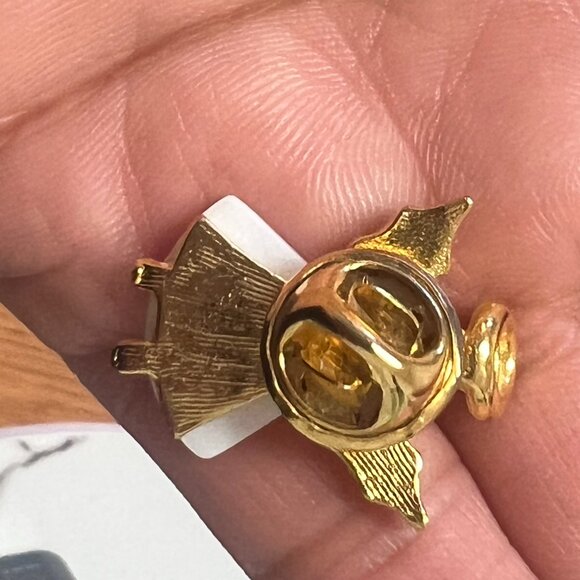 Vintage White Shell Gold Tone Angel Rhinestone Small Pin Brooch Birthstone - Picture 7 of 9